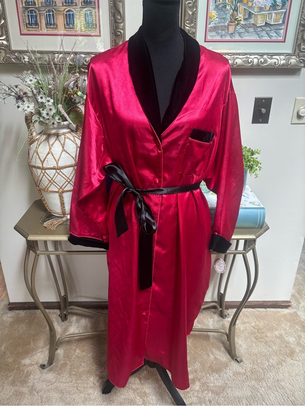Red Satin Long Button Down Robe Loungewear Black Velvet Trim and Tie Belt SZ 2XL